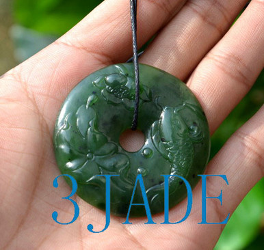 2Pcs 40x8mm Carved Blue Jade Lotus carp Donut Pendant Bead HA10JY