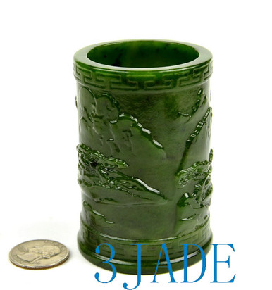Carved Green Nephrite Jade Brush Holder/ Pencil Holder w/ Chinese