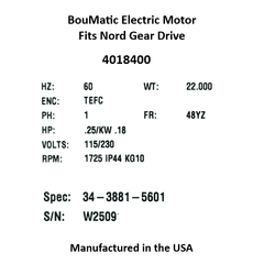Motor Only for Nord Agitator Drive  Dari-Kool, BouMatic Nord OEM