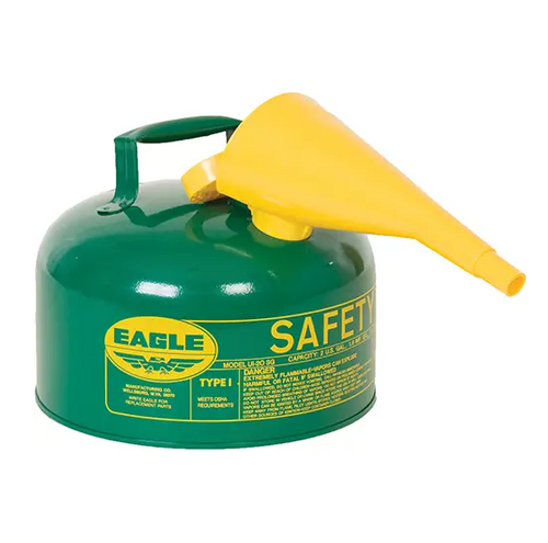 SAFETY CAN FOR COMBUSTIBLES WITH FUNNEL TYPE I GALVANIZED STEEL 2.5 US GAL. GREEN FM APPROVED/UL/ULC LISTED