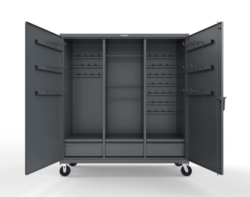 EXTREME DUTY 12 GA MOBILE RIGGING CABINET WITH WELDED HOOKS, 3 DRAWERS, HANGER RODS - 72 IN. W X 30 IN. D X 80 IN. H