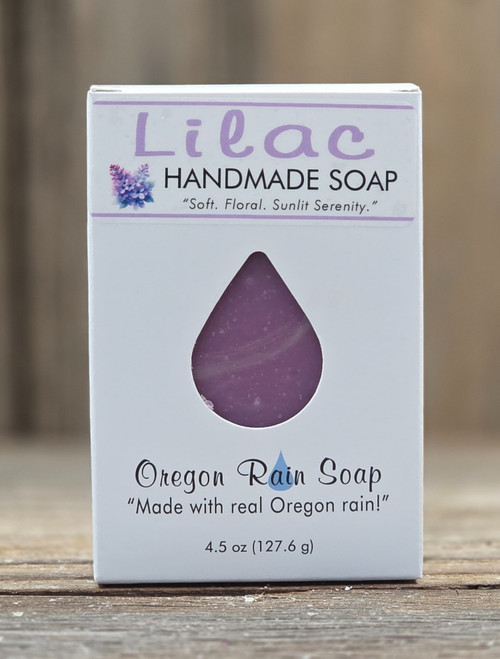 Boxed Lilac 4.5 Handmade Soap with a raindrop cutout to view the pretty color and to smell the true lilac scent. Made with real Oregon rain!