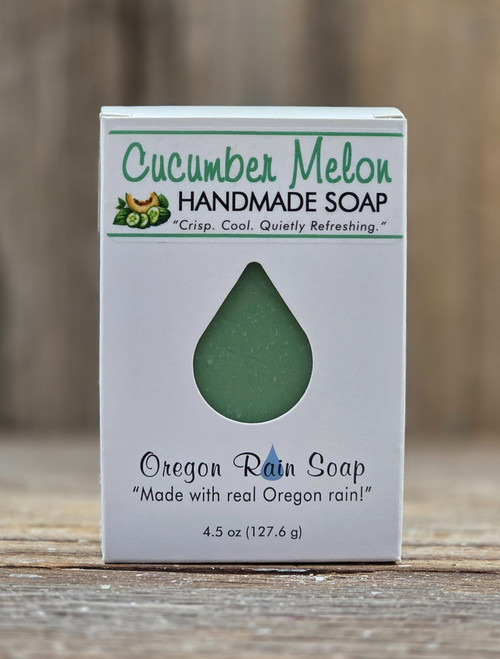 Boxed Cucumber Melon Handmade Soap - 4.5 oz Bar with a raindrop cutout window to view the soap and the smell this fresh, juicy refreshing scent. "Made with real Oregon rain!"