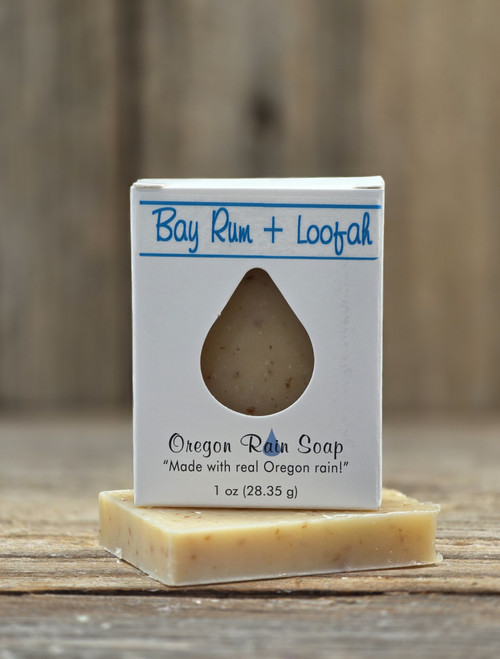 1 oz Bay Rum & Loofah guest soap with natural exfoliating loofah, warm spiced scent, and Oregon rainwater formula.