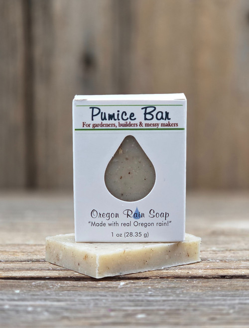 Boxed Pumice handmade Soap Bar - 1 oz Guest & Travel bar with a cutout raindrop to view and smell the soap.