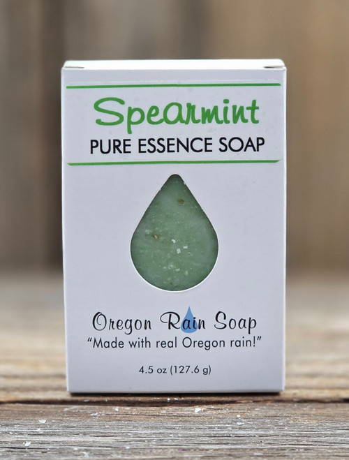 Boxed Spearmint Pure Essence Handmade 4.5 oz Soap with a raindrop window to view and smell this naturally scented soap with essential oils and ground oatmeal.