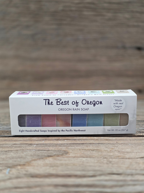 Eight soaps displayed in a box with a window to view the 2.5 oz bars of soap.  Gift ready.