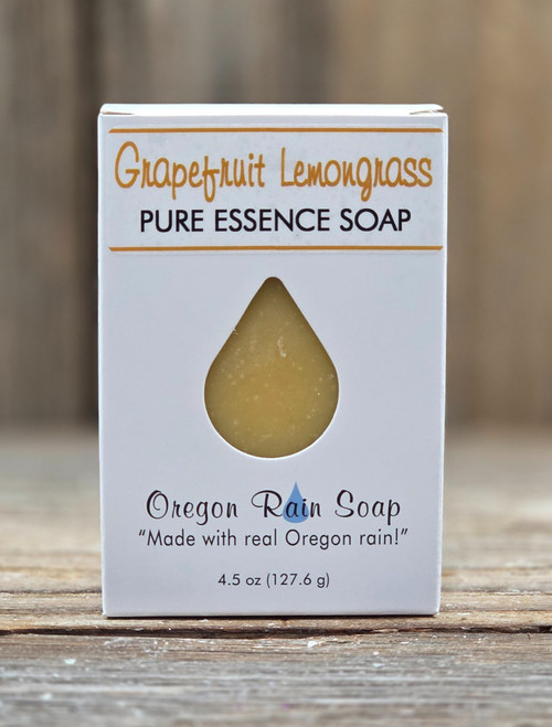 Boxed Grapefruit Lemongrass 4.5 oz Pure Essence Handmade Soap with an open cutout raindrop to smell this bright, refreshing blend of grapefruit and lemongrass essential oils in this nourishing handcrafted soap.