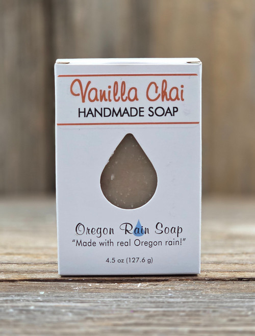 A boxed Vanilla Chai 4.5 oz bar soap with a cutout raindrop for easy smelling and viewing of this gentle, moisturizing soap.