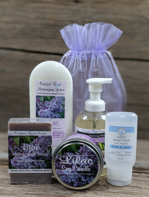 A beautiful floral array of self care products packaged in an organza bag, making this a perfect gift.