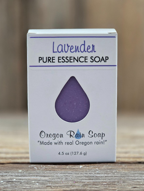 Boxed Lavender Pure Essence Handmade Soap with a open raindrop cutout for your smelling enjoyment of calming and relaxing lavender.