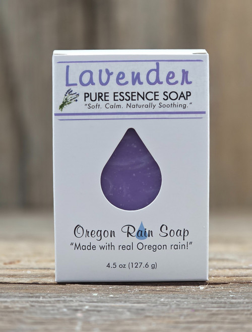 Boxed Lavender Pure Essence Handmade Soap with a open raindrop cutout for your smelling enjoyment of calming and relaxing lavender.