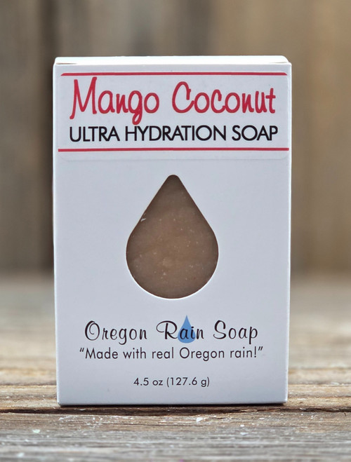 Boxed Mango Coconut 4.5 oz Soap Bar with a cutout raindrop to smell this wonderful tropical scent.