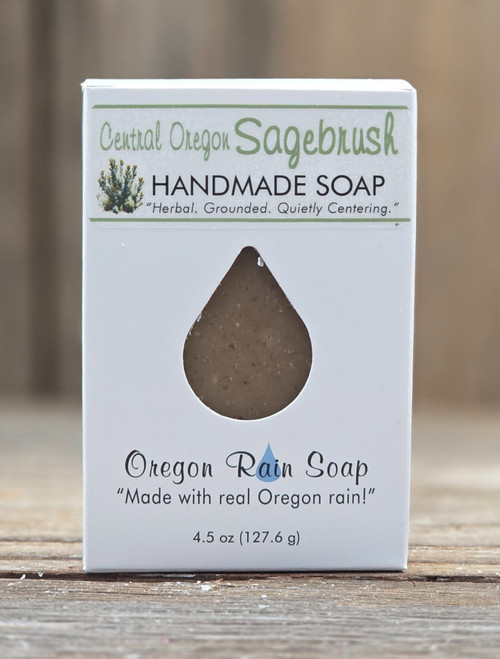 Boxed Central Oregon Sagebrush 4.5 Handmade Soap with a raindrop cut out to view and smell.