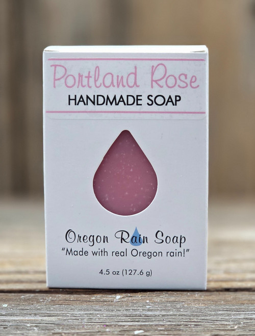 Boxed Portland Rose Handmade Soap - 4.5 oz Full Bar with a cutout raindrop window to see this beautiful pink colored, perfect smelling soap.
