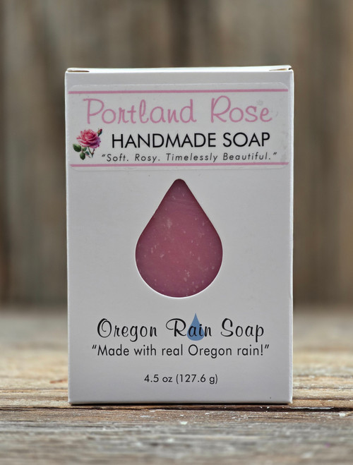 Boxed Portland Rose Handmade Soap - 4.5 oz Full Bar with a cutout raindrop window to see this beautiful pink colored, perfect smelling soap.