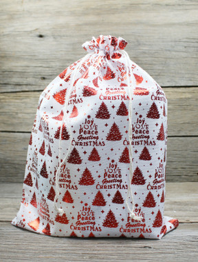 12 x 16 Drawstring Gift Bag - Cotton Muslin Red Christmas Tree