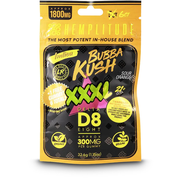 Hemplitude XXXL Delta 8 THC Live Rosin Gummies - Bubba Kush 6 count 300mg Hemplitude XXXL Delta 8 THC Live Rosin Gummies - Bubba Kush 6 count 300mg