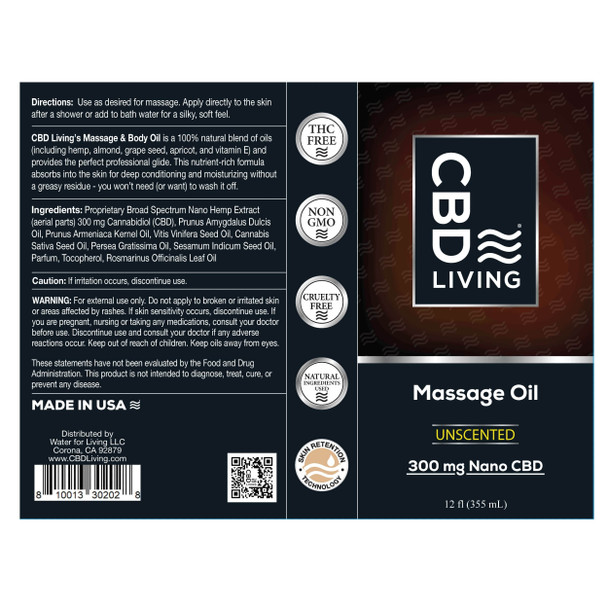 CBD Living Nano Broad Spectrum Hemp CBD Massage Oil Back Label