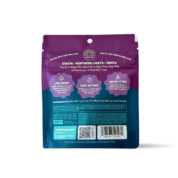 Realize Live Resin Delta 9 THC 20 Count Gummies - Black Raspberry / Northern Lights Back Realize Live Resin Delta 9 THC 20 Count Gummies - Black Raspberry / Northern Lights Back