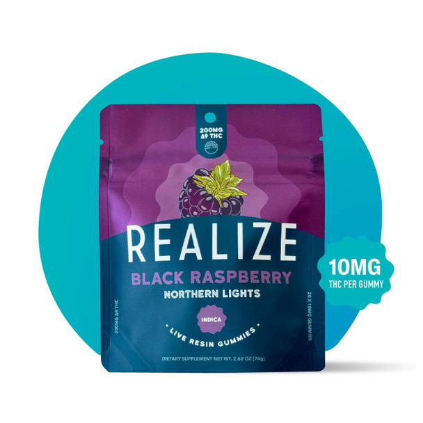 Realize Live Resin Delta 9 THC 20 Count Gummies - Black Raspberry / Northern Lights Realize Live Resin Delta 9 THC 20 Count Gummies - Black Raspberry / Northern Lights