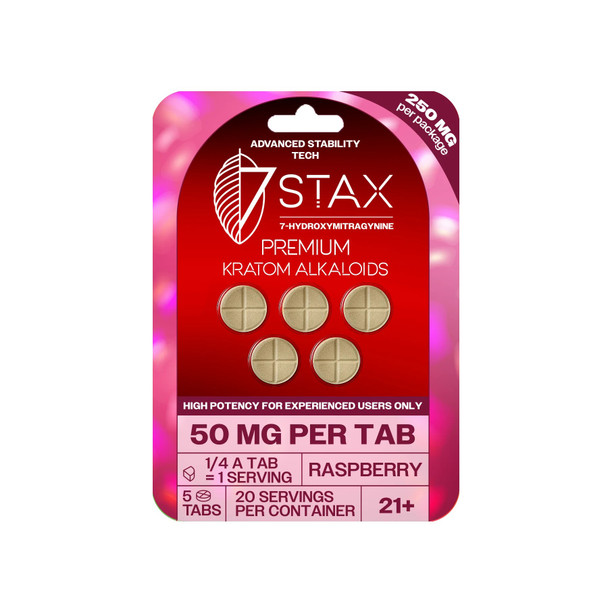 7Stax Premium Kratom Alkaloids 7-OH 50mg Tablets - Raspberry 5 Pack