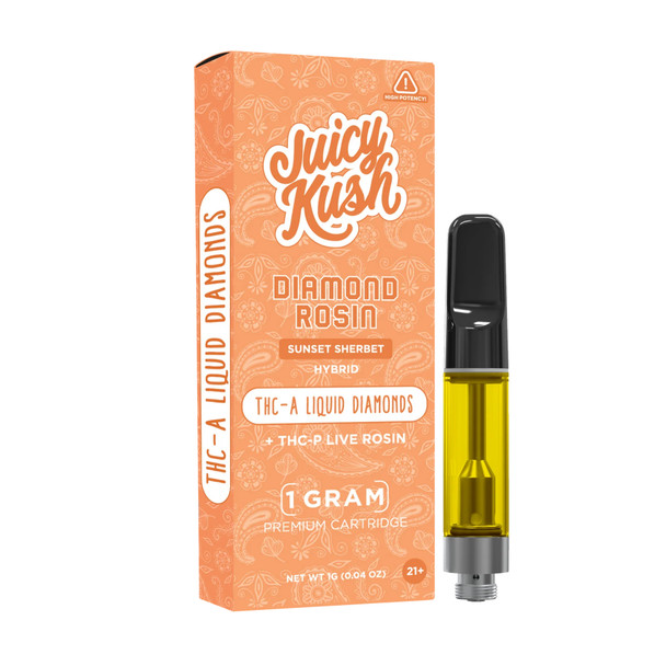 Juicy Kush THCA Liquid Diamonds + THC-P Live Rosin 1G Vape Cartridge - Sunset Sherbet