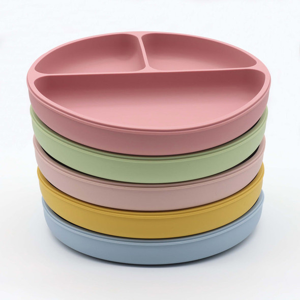 Baby Silicone Round Sucker Compartment Dinner Plate With Spoon Fork