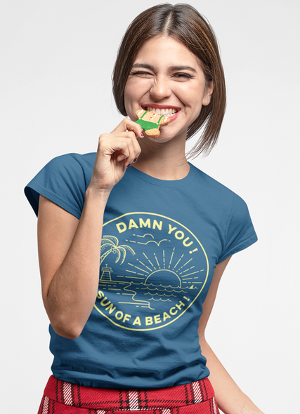 Women's Sun Of Beach Graphic T-Shirt, soft ringspun cotton, artist designed by Breezoro