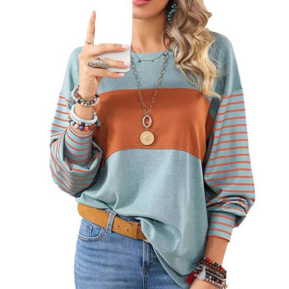 Women's Striped Color-Block Long Sleeve Pullover Basic T-Shirt by Breezoro