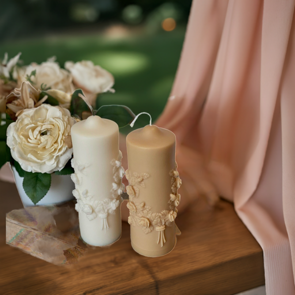 Handcrafted floral pillar soy wax scented candle in custom color and scent from Breezoro