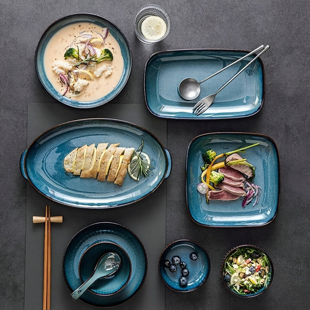 Elegant Dark Blue Oval Ceramic Serving Platter