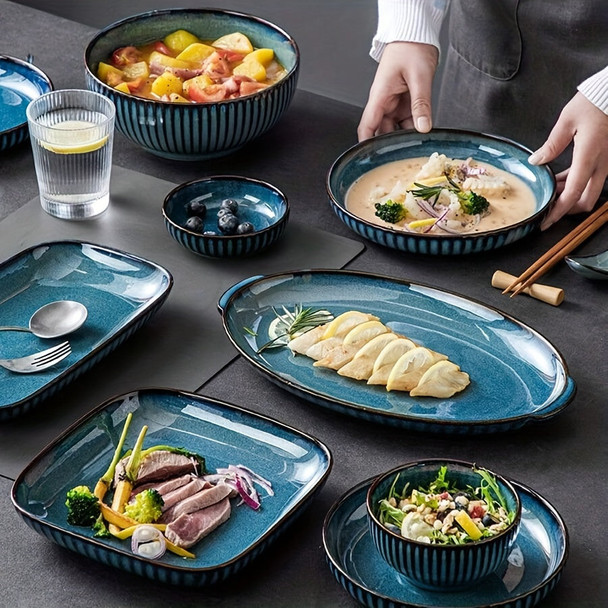 Elegant Dark Blue Oval Ceramic Serving Platter
