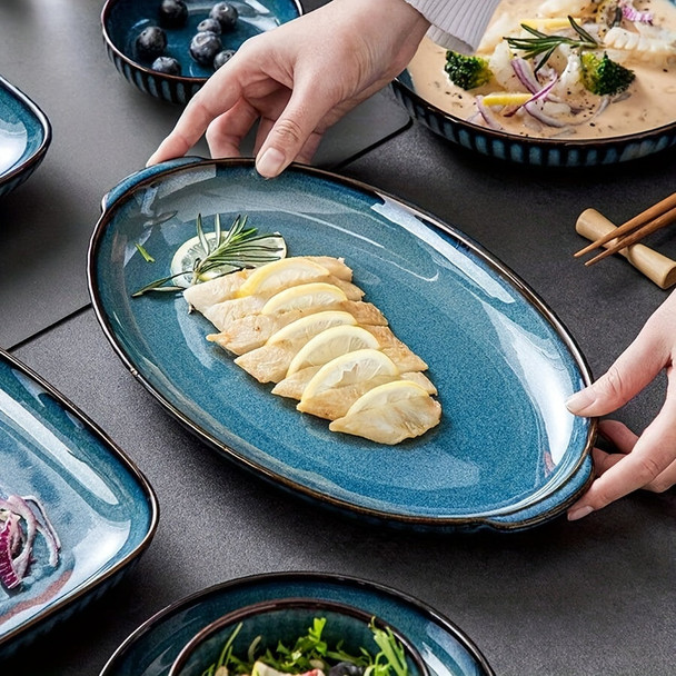 Elegant Dark Blue Oval Ceramic Serving Platter