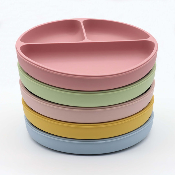 Baby Silicone Round Sucker Compartment Dinner Plate With Spoon Fork
