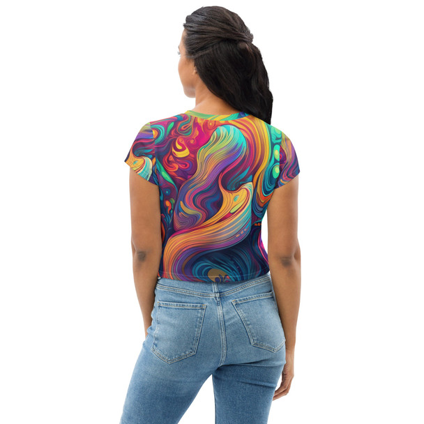 Womens Stretch Fit Crop Tee T-shirt - Vibrant Psychedelic Kaleidoscope