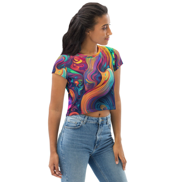 Womens Stretch Fit Crop Tee T-shirt - Vibrant Psychedelic Kaleidoscope