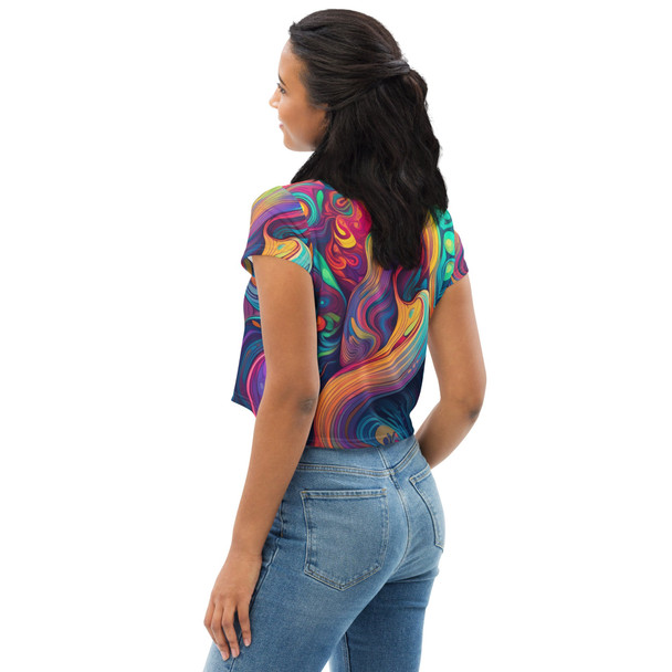 Womens Stretch Fit Crop Tee T-shirt - Vibrant Psychedelic Kaleidoscope
