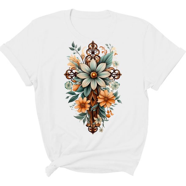 Womens Graphic T-shirt - Christian Cross Floral Bouquet Green and