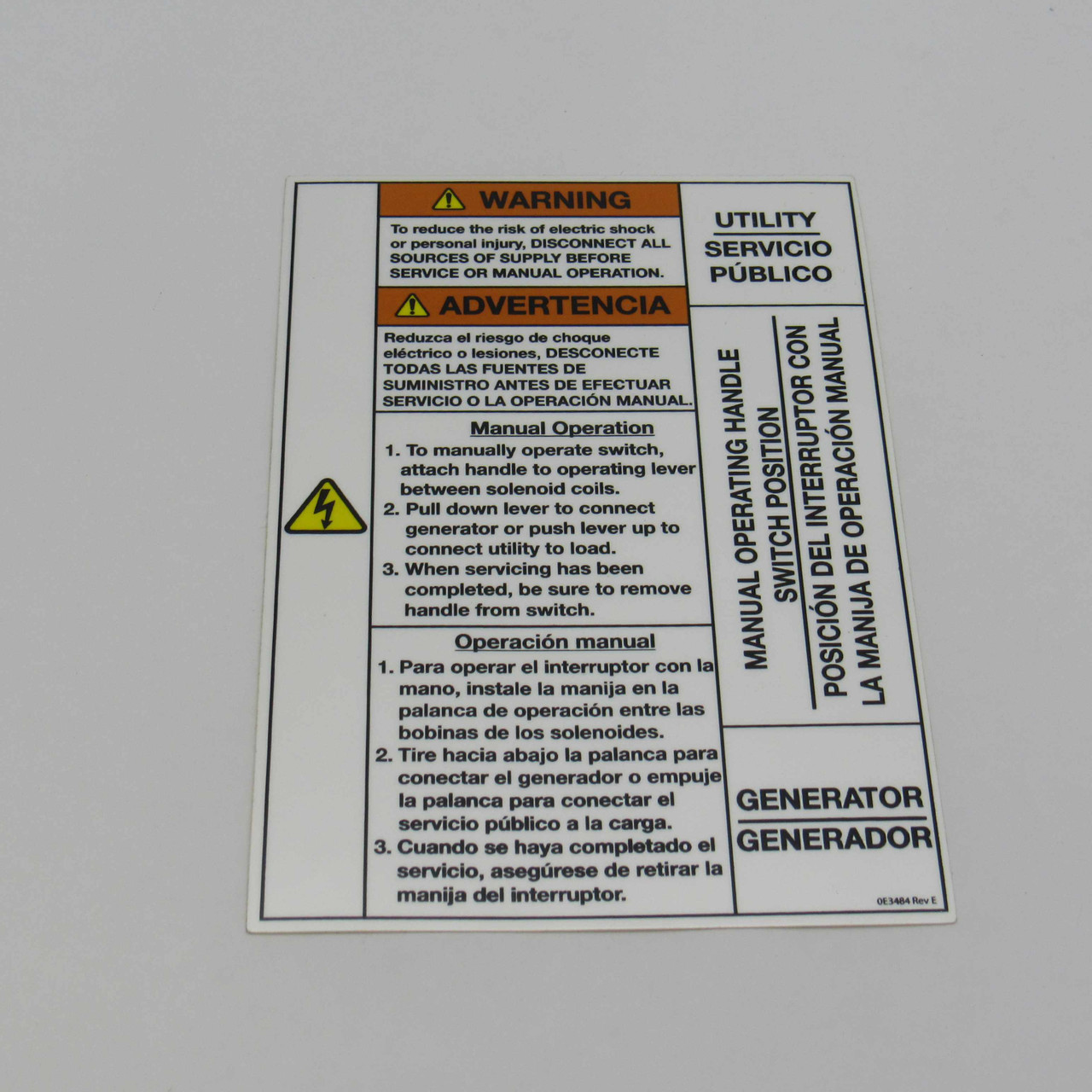 Generac Decal Warn Manual Oper Handle 0E3484