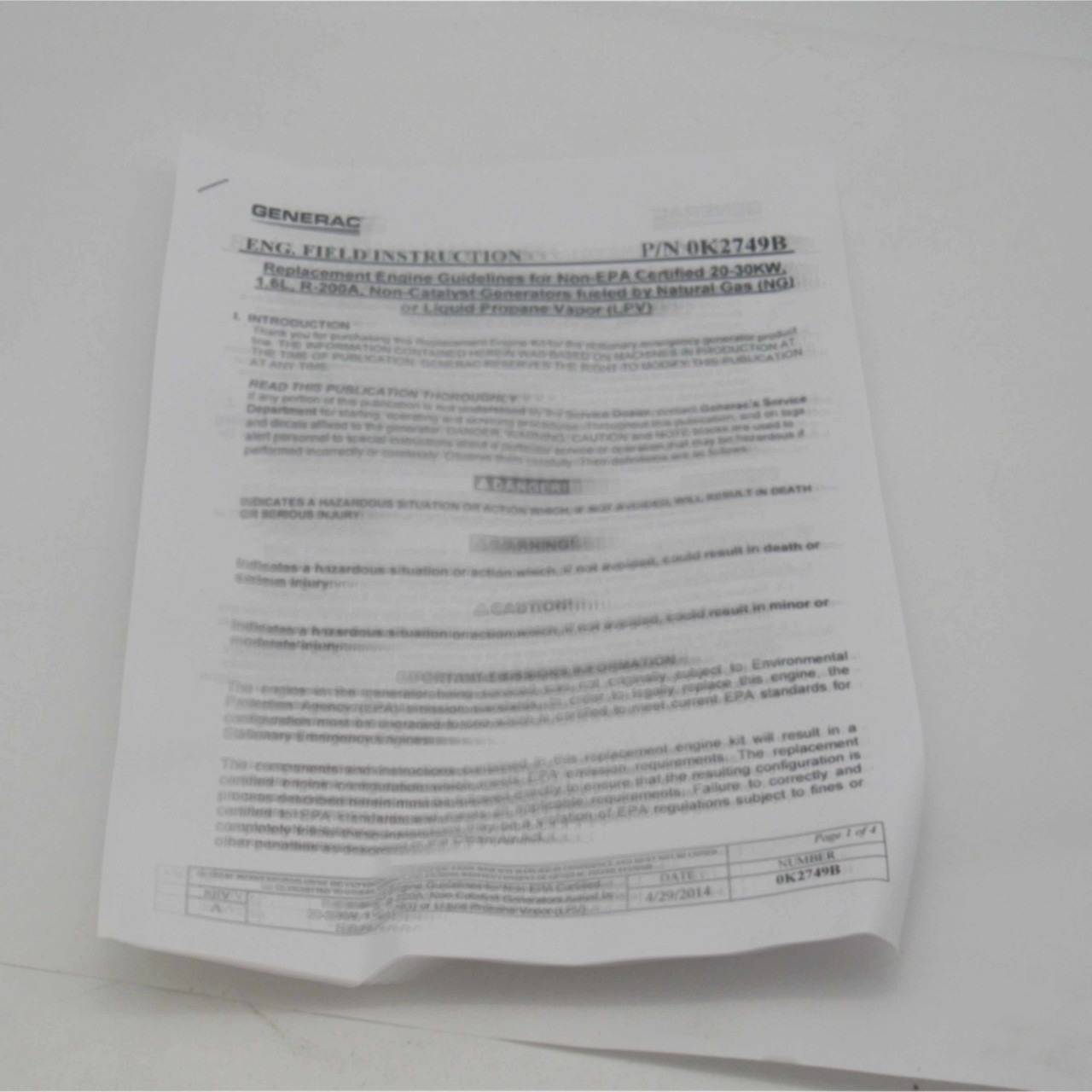 Generac Inst Re 20-30Kw 1.6L R-200A 0K2749B