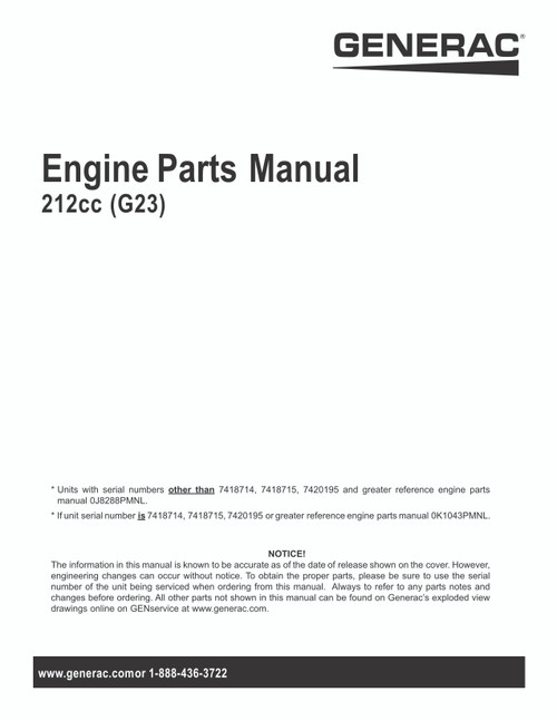 Generac Parts Manual 212CC Gas Engine (G23)