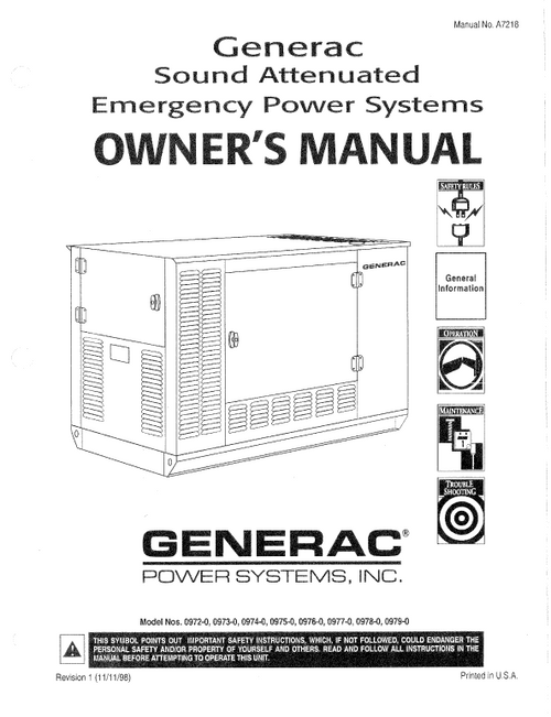 GENERAC SOUND ATTENUATED EMERGENCY POWER SYSTEMS OWNERS MANUAL (A7218) DOWNLOAD