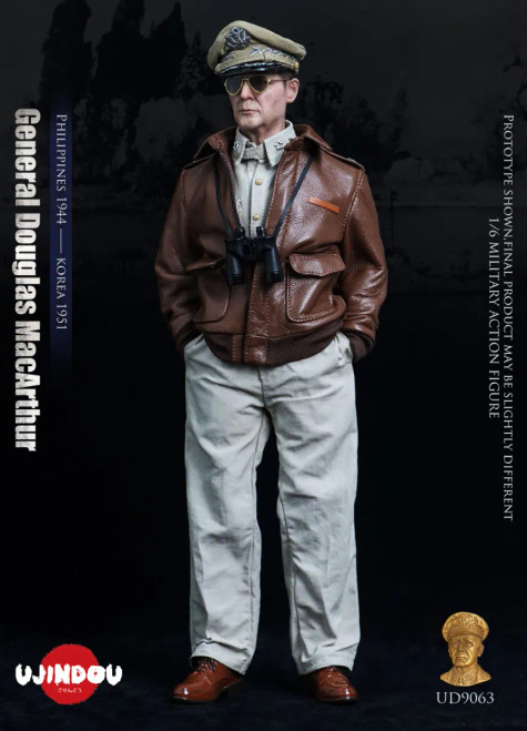 Shop the UJINDOU General Douglas MacArthur, Philippines 1944 – Korea 1951 1/6 Scale Action Figure (UD9063) at HobbyGalaxy.com  — a premium military collectible featuring detailed tailoring, authentic wartime accessories, and a highly accurate likeness of the iconic U.S. general.