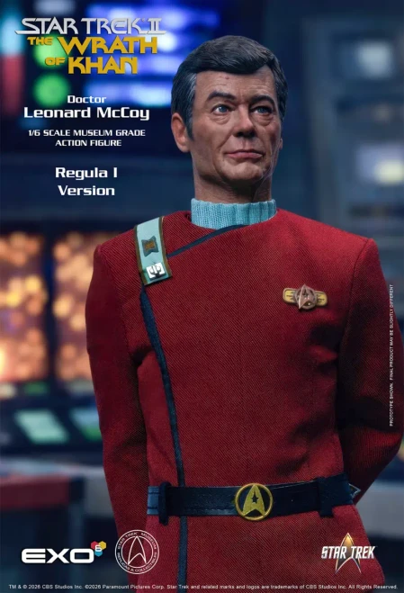 Pre-order the EXO-6 Star Trek: The Wrath of Khan Dr. Leonard McCoy Regula 1 Edition 1/6 scale figure at HobbyGalaxy.com. Secure your Bones collectible today!