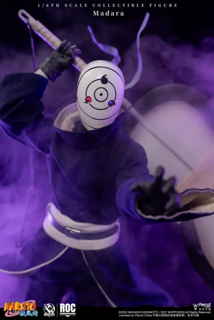 Pre-order the Rocket Toys 1/6 Madara Uchiha (White Mask) ROC-021 figure at HobbyGalaxy.com. This detailed Naruto collectible features LED eyes and accessories.