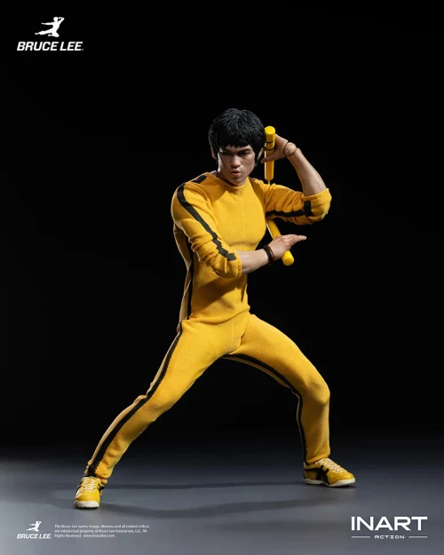 Pre-order the INART Bruce Lee Yellow Jumpsuit 1/12 Scale Action Figure at HobbyGalaxy.com. Real fabric jumpsuit, nunchaku, whip & base.