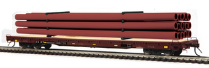 MTH 80-98050 CSX #603556 60' Wood Deck Flat Car with Maroon Pipe Load HO