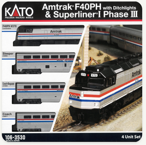 Kato 106-3530-DCC Amtrak F40PH (DCC No sound version) #370 with Ditch Lights and 3 Superliner Phase III passenger cars N scale