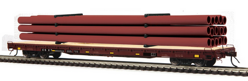 MTH 80-98050 CSX #603556 60' Wood Deck Flat Car with Maroon Pipe Load HO